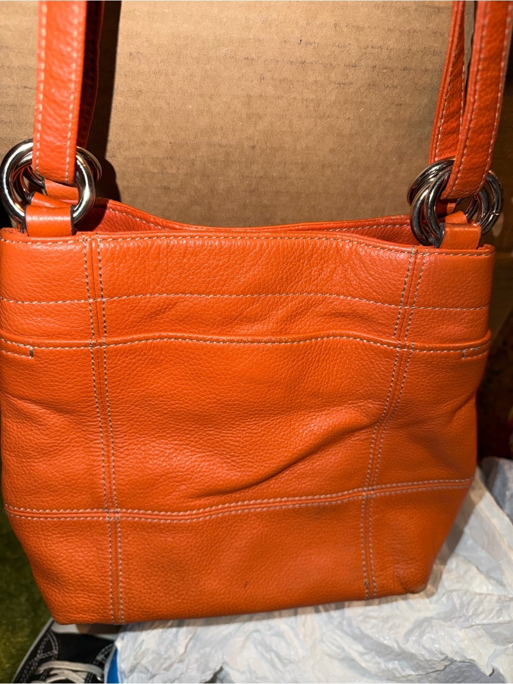 Tignanello Tangerine Orange Pebbled Leather Multi Pocket Shoulder Hobo Bag - Picture 6 of 12